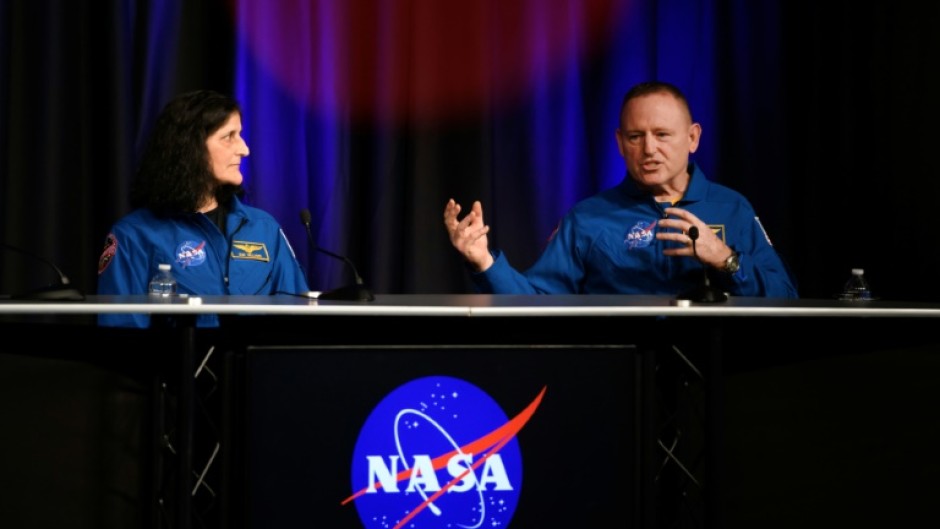 American astronauts Suni Williams and Butch Wilmore address a press conference at Johnson Space Center in Houston, Texas