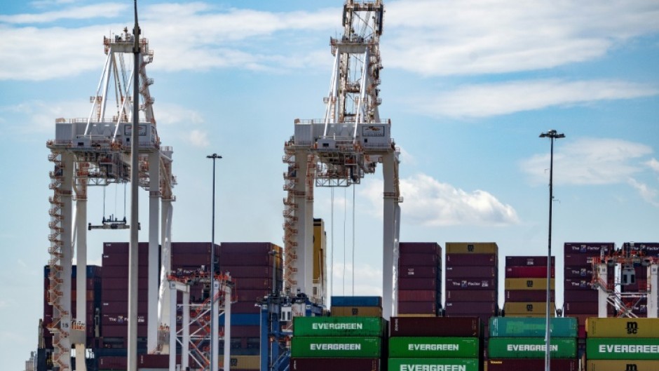 Stacks of shipping containers sit at the Port of Baltimore in Baltimore, Maryland, on March 31, 2025