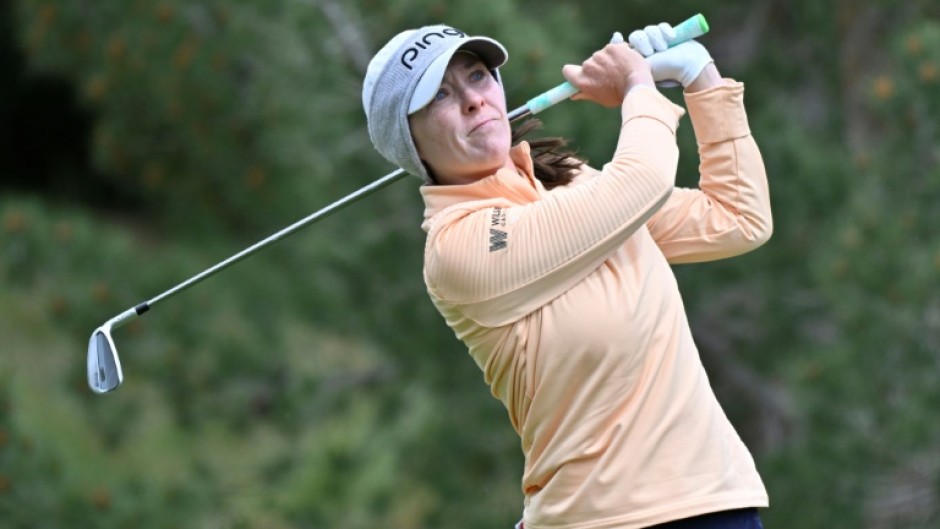 Brittany Altomare tees off at the fifth hole on the way to a tie with world number one Nelly Korda on the first day of the LPGA Match Play