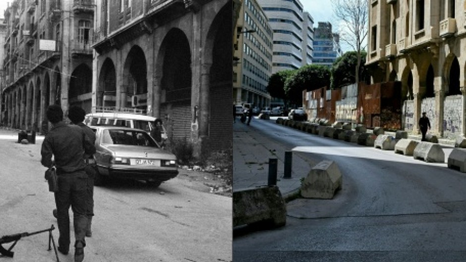 A combination of pictures shows Palestinian fighters (L) walking past the Maarad arcades towards a car parked on the deserted street in downtown Beirut on July 21, 1982 and pedestrians (R) walking in the same area on April 10, 2025