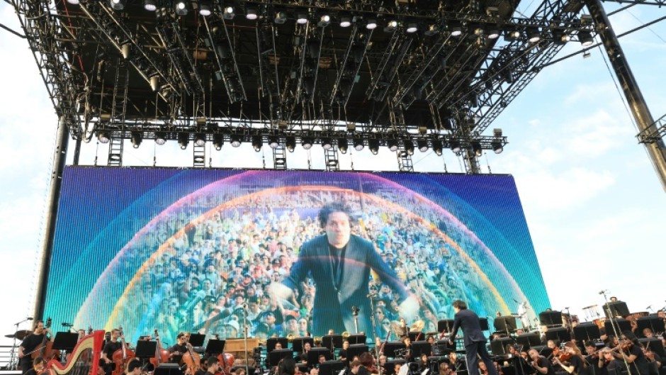Venezuelan conductor Gustavo Dudamel and the Los Angeles Philharmonic perform during the 2025 Coachella festival