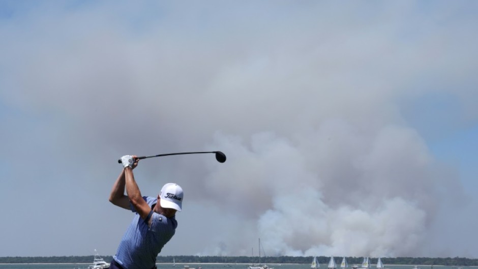 Justin Thomas tees off on the 18th hole at the RBC Heritage in South Carolina en route to a 10-under-par opening round