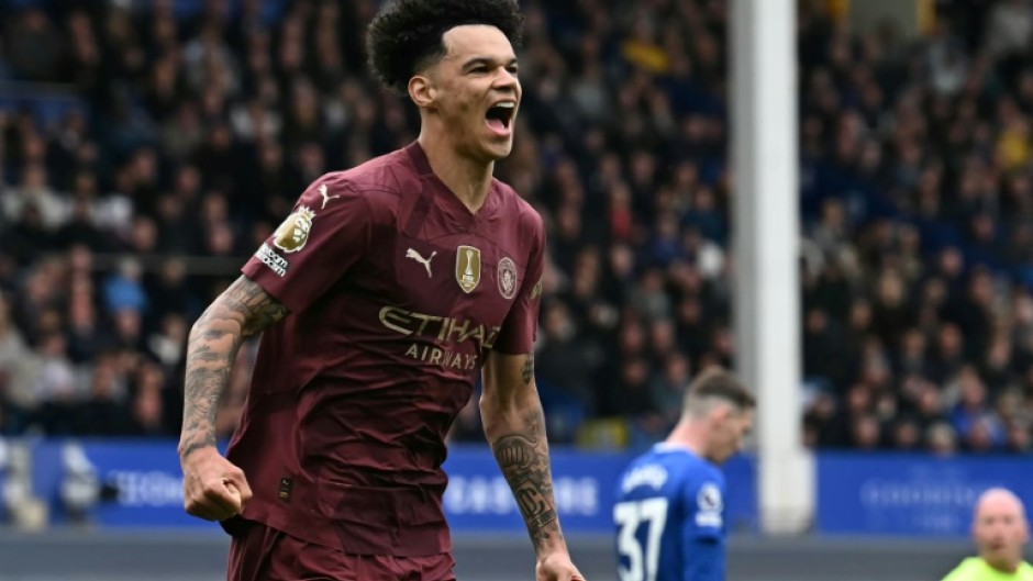 Manchester City's Nico O'Reilly celebrates after scoring against Everton