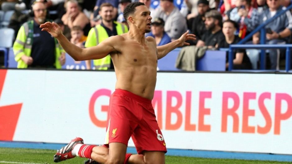 Liverpool's Trent Alexander-Arnold celebrates after scoring at Leicester