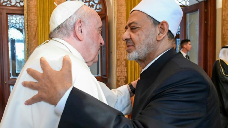 Pope Francis embraces Sheikh Ahmed Al-Tayeb during a 2022 meeting in Bahrain