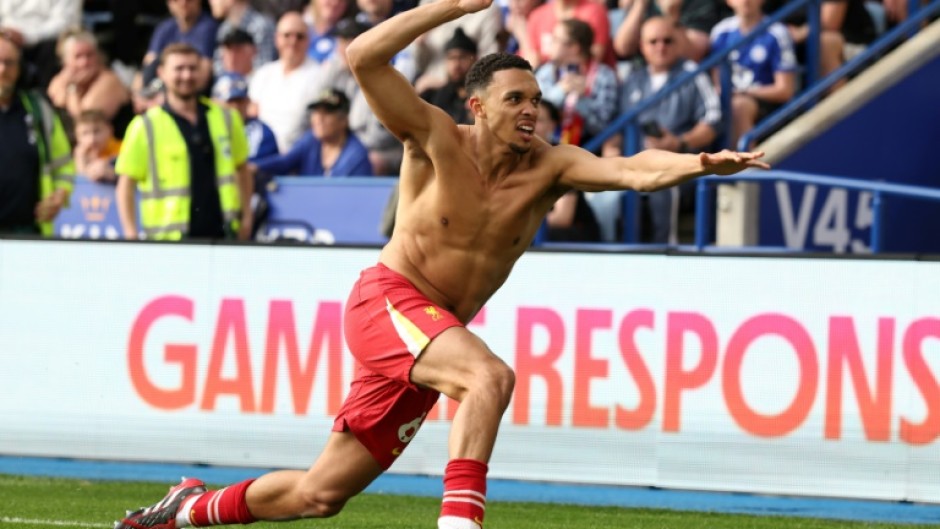 Trent Alexander-Arnold celebrates his goal for Liverpool against Leicester