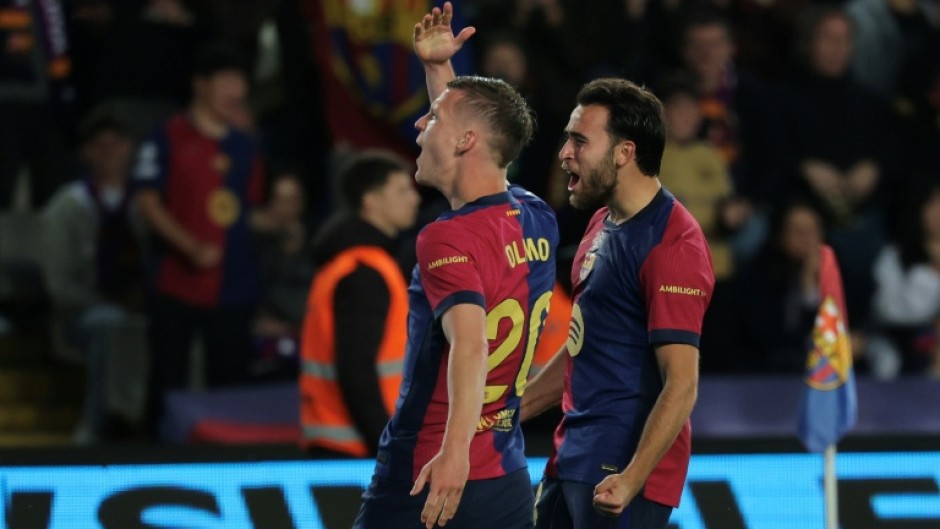 Barcelona's Spanish playmaker Dani Olmo celebrates scoring his team's opener against Mallorca