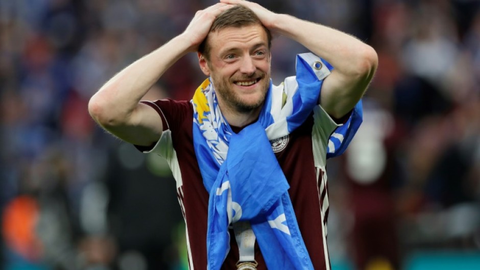 Jamie Vardy celebrates Leicester's FA Cup triumph in 2021