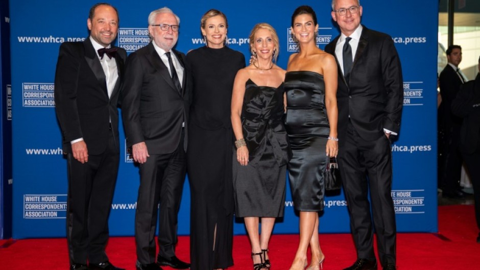 (L/R) CNN reporters Phil Rucker, Wolf Blitzer, Pamela Brown, Dana Bash, Kaitlan Collins and Jeff Zeleny attend the White House Correspondents' Association Dinner at the Washington Hilton in Washington, DC, on April 26, 2025