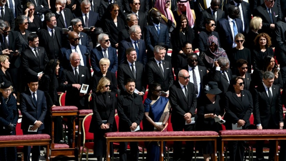 Volodymyr Zelensky and his wife Olena Zelenska attend late Pope Francis' funeral ceremony