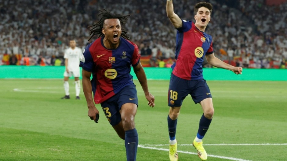 Barcelona's French defender Jules Kounde celebrates scoring his team's Copa del Rey final winner