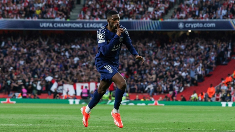 Paris Saint-Germain's Ousmane Dembele celebrates scoring against Arsenal