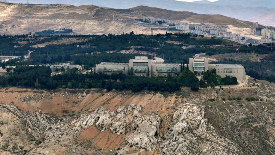 An aerial photo shows the Syrian presidential palace in Damascus' Mount Qasyoun on May 2, 2025