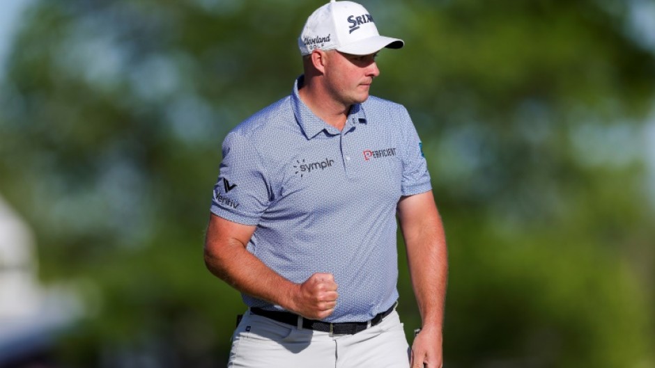 Sepp Straka of Austria reacts after a par at 18 on the way to a share of the 54-hole lead at the PGA Tour Truist Championship