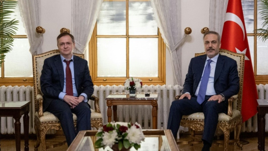 Turkish Foreign Minister Hakan Fidan with Russia's Medinsky at the Dolmabahce Palace in Istanbul