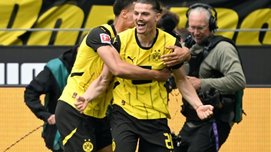 Borussia Dortmund midfielder Marcel Sabitzer celebrates his second-half goal