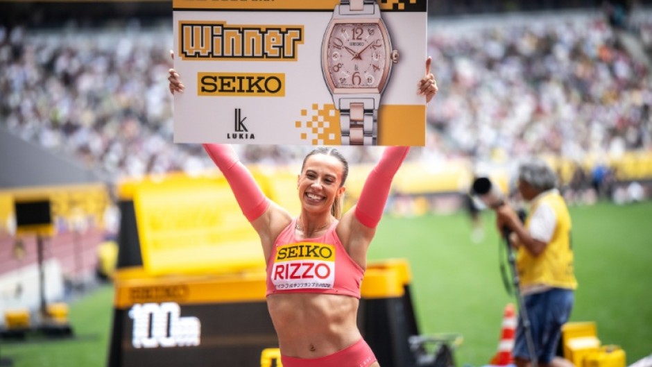 Australia's Bree Rizzo celebrates winning the women's 100m during the Golden Grand Prix in Tokyo