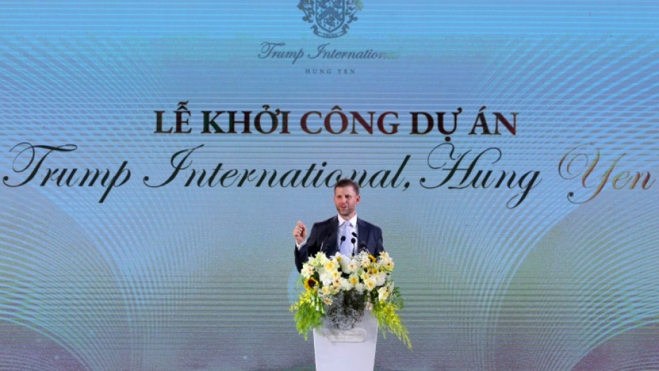 Eric Trump, son of US President Donald Trump, makes a speech during the groundbreaking ceremony for the Trump International, Hung Yen resort and golf course project in Hung Yen province on May 21, 2025