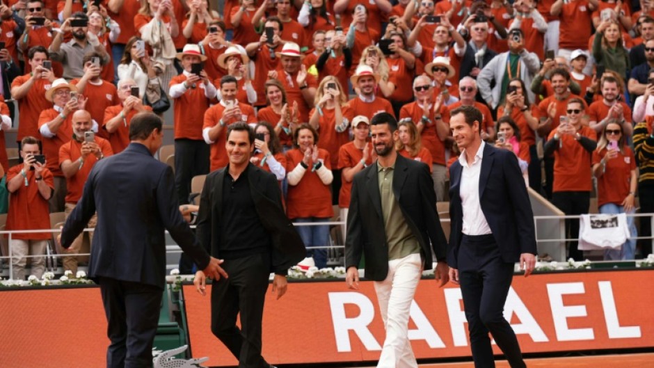 Andy Murray, Novak Djokovic and Roger Federer greeted Rafael Nadal during the ceremony