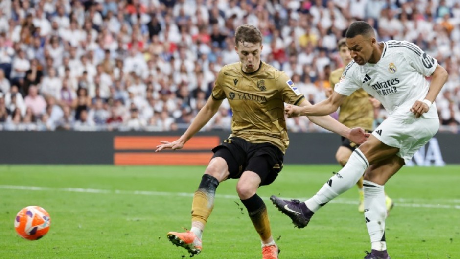 Golden finish: Kylian Mbappe scoring his second goal, and his last of the league season, as Real Madrid beat Real Sociedad