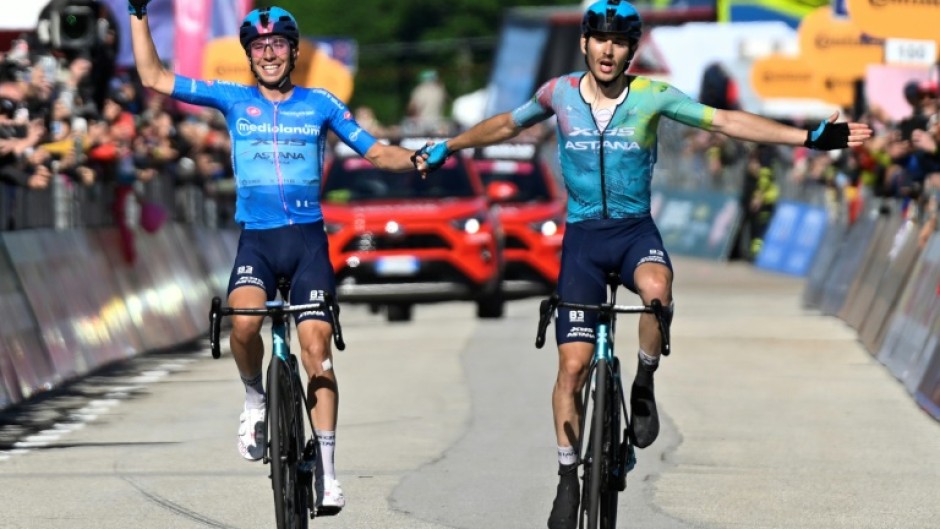 Christian Scaroni (R) crossed the finish line with Astana teammate Lorenzo Fortunato but claimed victory in stage 16 of the Giro d'Italia