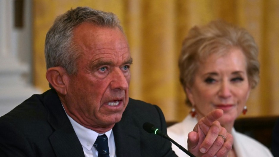 US Secretary of Health and Human Services Robert F. Kennedy Jr. (L) gestures as he speaks as US Secretary of Education Linda McMahon looks on during a MAHA (Make America Healthy Again) Commission Event in the White House
