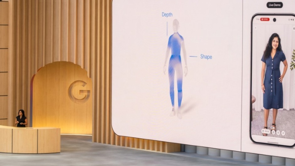 Google advertising and commerce vice president Vidhya Srinivasan shows a new shopping feature that uses artificial intelligence to enable people to virtually try on clothes using their own pictures of themselves