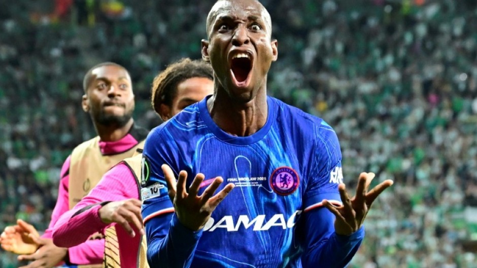 Chelsea's Nicolas Jackson celebrates scoring against Real Betis in the UEFA Conference League final