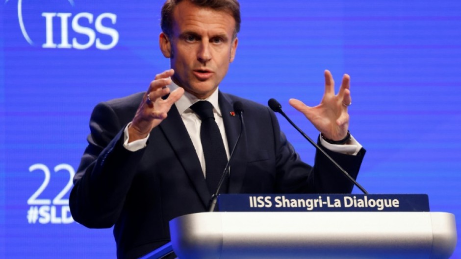 France's President Emmanuel Macron gives the keynote address at the Shangri-La Dialogue Summit in Singapore on May 30, 2025