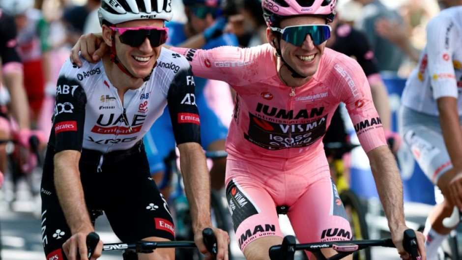 Twin brothers Adam and Simon Yates (in pink) on Sunday as Simon won the 2025 Giro