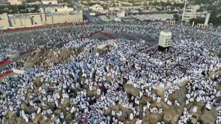 AERIAL SHOTS of Muslim pilgrims praying on Mount Arafat in hajj climax
