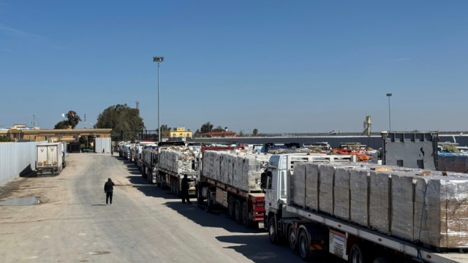 Aid stuck on the Egyptian side of the Rafah crossing to Gaza on March 2, 2025, blocked by Israel