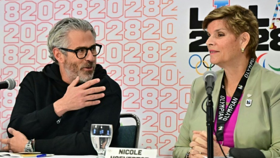 LA28 Chair President Casey Wasserman (L) and IOC Vice President and LA28 Coordination Commission Chair Nicole Hoevertsz say US President Donald Trump's travel ban will not affect the Olympics