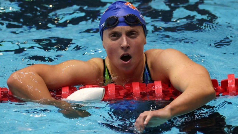 Katie Ledecky reacts after winning the 400m freestyle at the US Swimming Championships in Indianapolis, Indiana