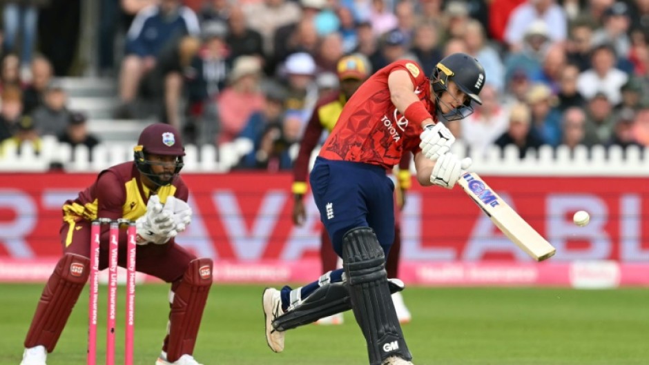 England's Jacob Bethell hits a boundary during the second T20 against the West Indies in Bristol