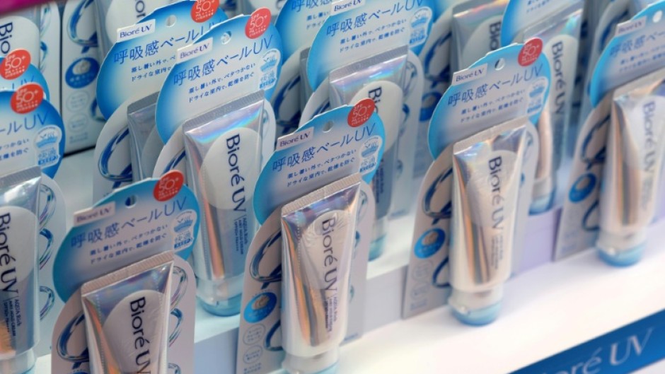 Sunscreen products displayed at a major drug store in Tokyo's Shibuya district. The sunscreen brand Biore UV is ranked 10th worldwide for sales, and second in Asia