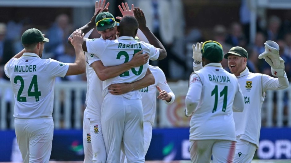 South Africa's Kagiso Rabada (3rd from left) took five Australian wickets on the first day of the World Test Championship final