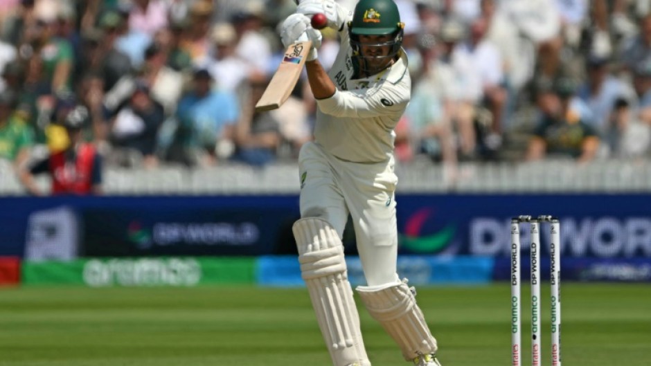 Australia's Mitchell Starc drives during his 58 not out against South Africa in the WTC final at Lord's