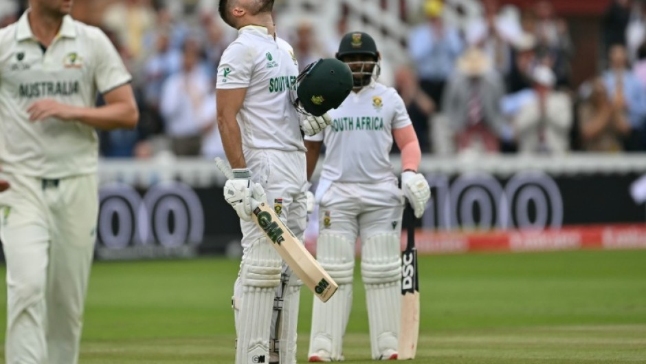 South Africa's Aiden Markram celebrates after reaching his century in the World Test Championship final at Lord's