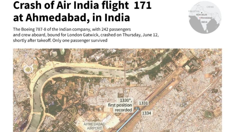 The flight path of the Air India plane which crashed Thursday, using satellite image from Planet Labs PBC