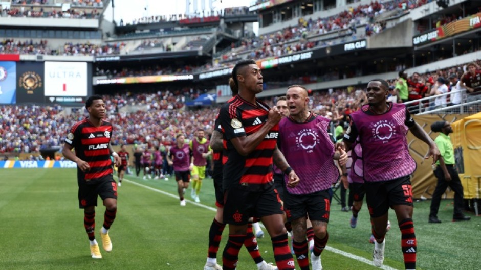 Bruno Henrique (C) celebrates with teammates after scoring for Flamengo as the Brazilians came from behind to beat Chelsea 3-1 at the Club World Cup on Friday
