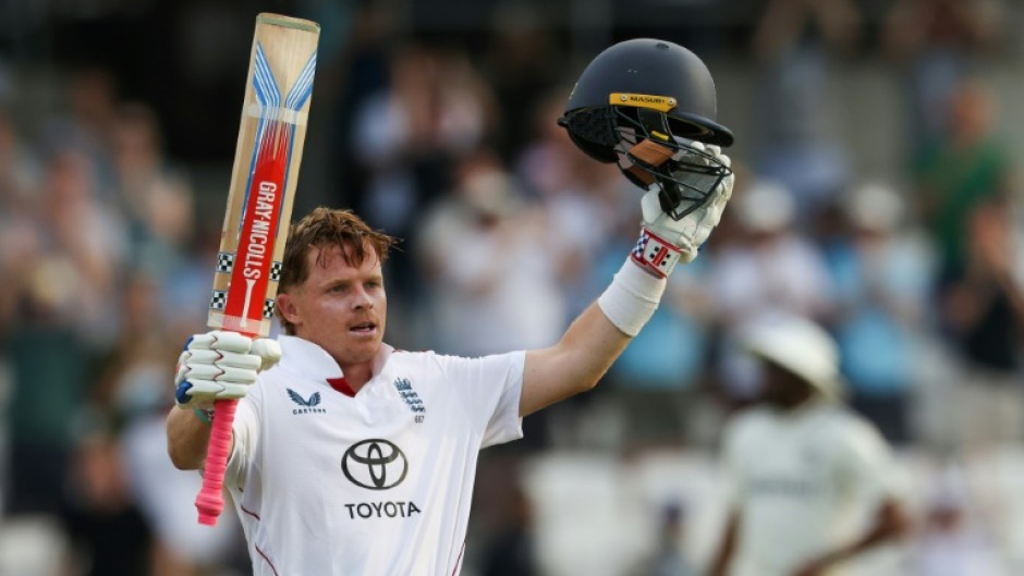England vice-captain Ollie Pope celebrates his century in the first Test against India at Headingley
