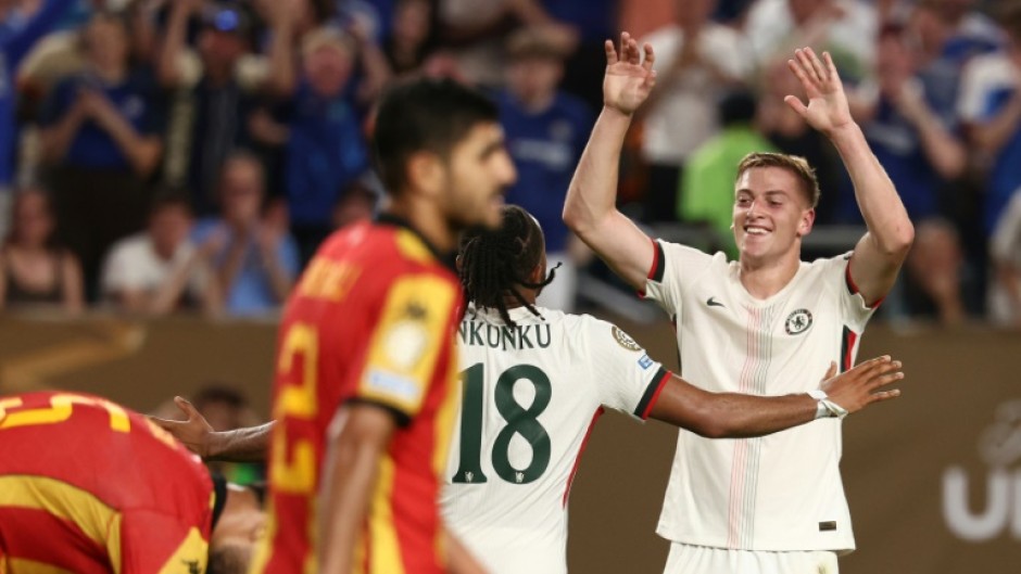 Liam Delap (R) celebrates after scoring his first Chelsea goal in Tuesday's 3-0 win over Esperance at the Club World Cup