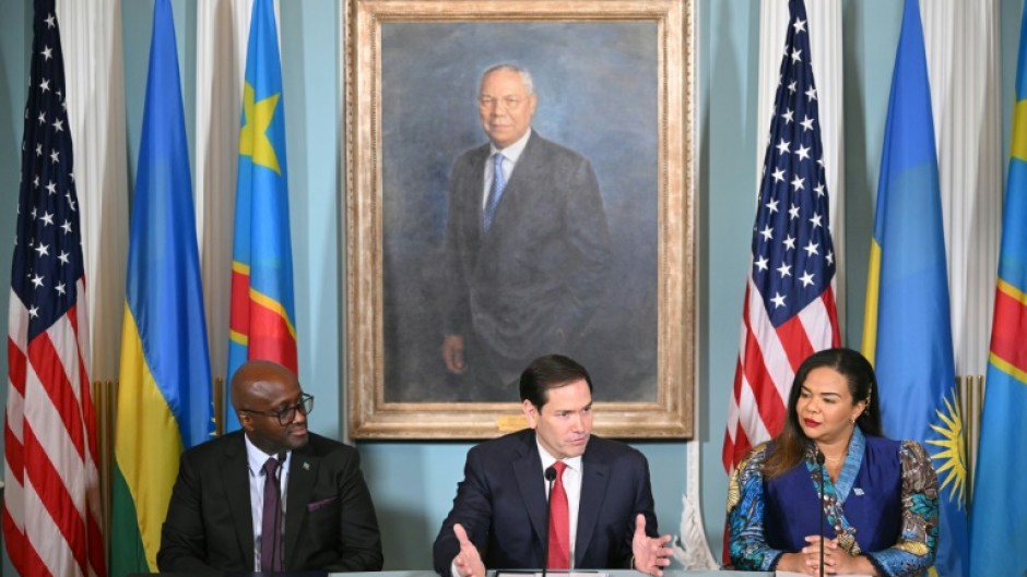 US Secretary of State Marco Rubio speaks during a peace agreement signing ceremony between Democratic Republic of Congo and Rwanda