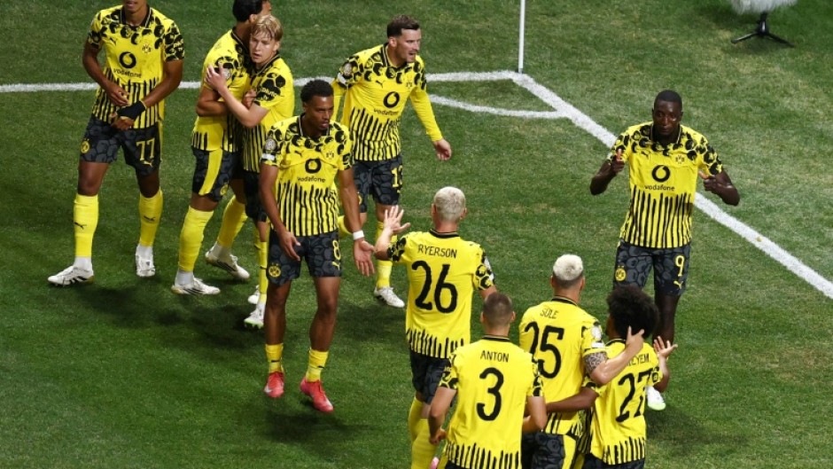 Borussia Dortmund's Guinean forward Serhou Guirassy celebrates scoring his team's first goal in the hard-fought win over Monterrey