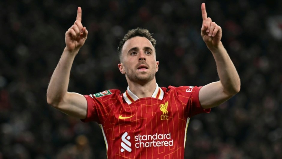 Diogo Jota celebrates after scoring a goal against West Ham at Anfield on September 25, 2024