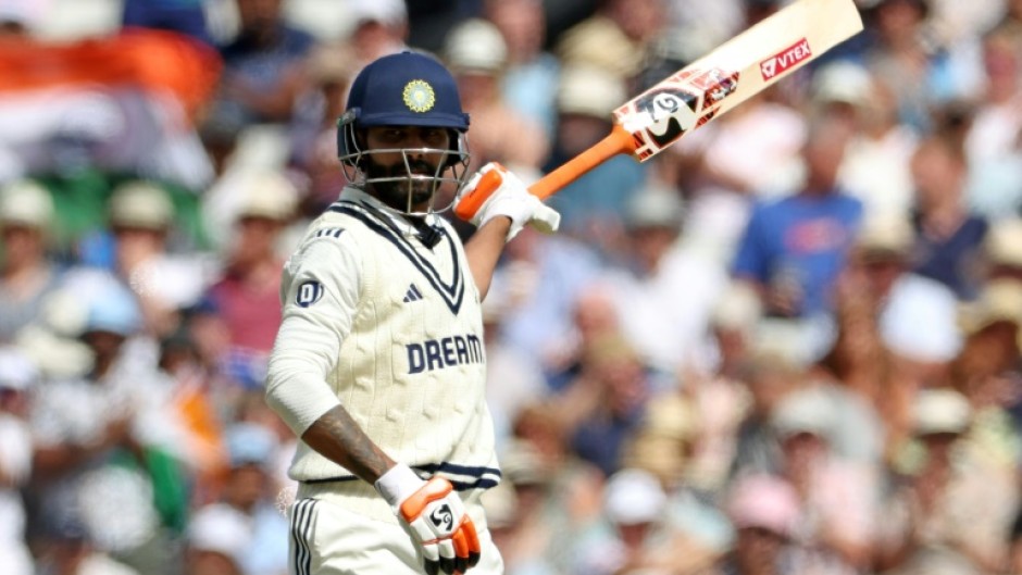 India's Ravindra Jadeja celebrates his fifty in the second Test against England at Edgbaston