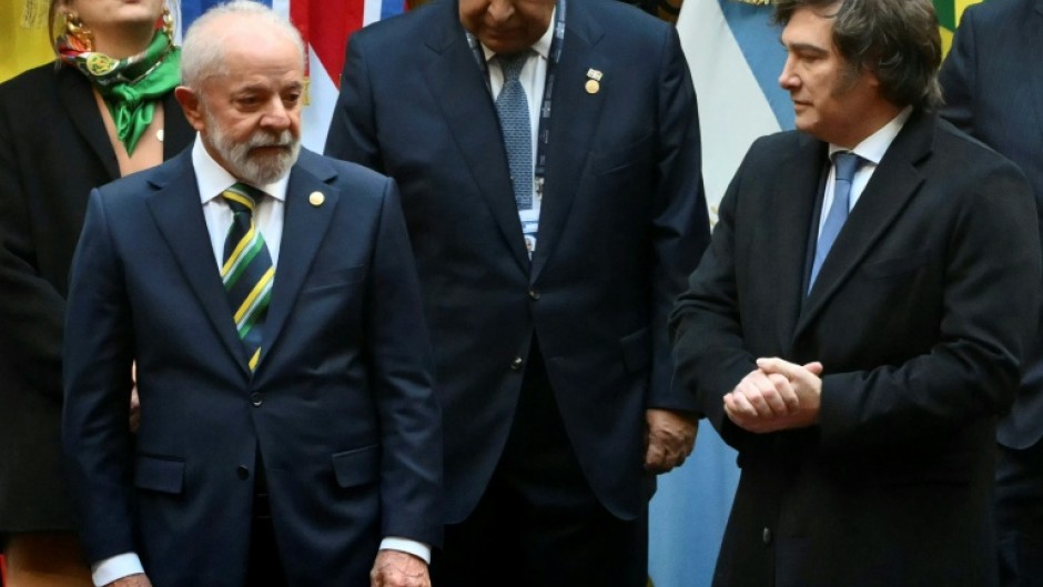 Brazil's President Luiz Inacio Lula da Silva and Argentina's President Javier Milei pose for a photo at a Mercosur summit in Buenos Aires
