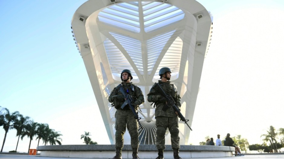 Members of the Brazilian Navy patrol the Tomorrow Museum (Museu do Amanha) at Praca Maua, where the BRICS summit 2025 will be held