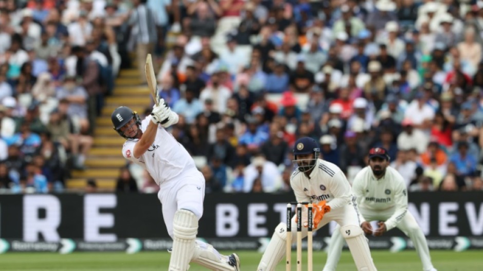 England's Jamie Smith hits a six during his 88 in the second Test against India at Edgbaston